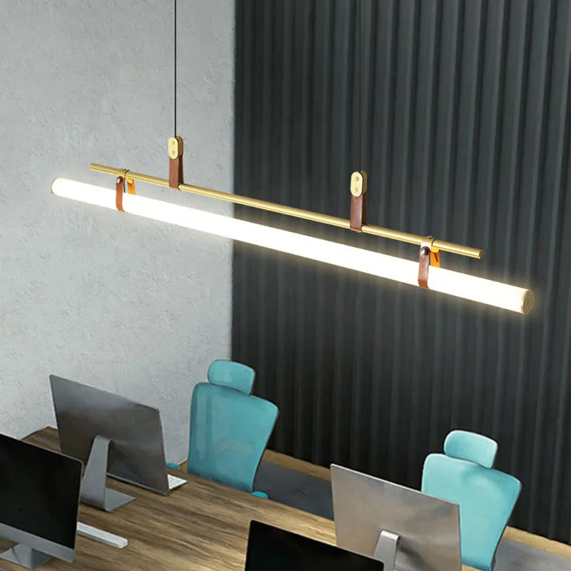 Modern Linear LED Pendant Light with Metal Frame – Minimalist Dining Table Hanging Lamp
