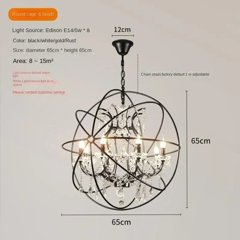 American Retro Birdcage Iron Crystal Led Pendant Lamp Restaurant Living Room Coffee Shop Creative Chandelier Home Decor Lighting