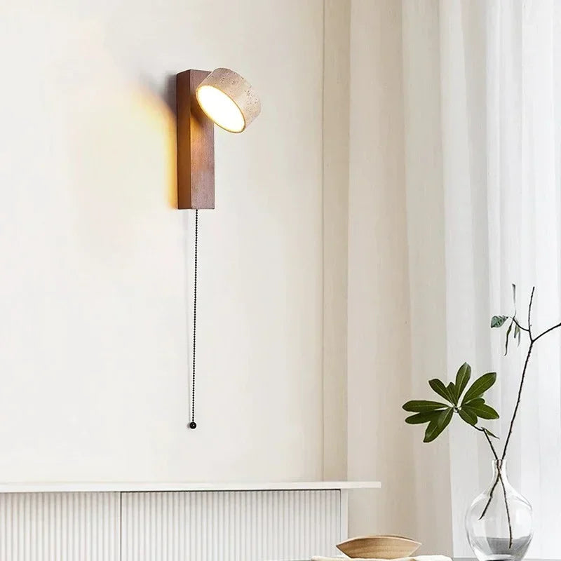Cream Stone Wall Light with Pull Switch – Rotatable LED Bedside Sconce for Bedroom & Living Room