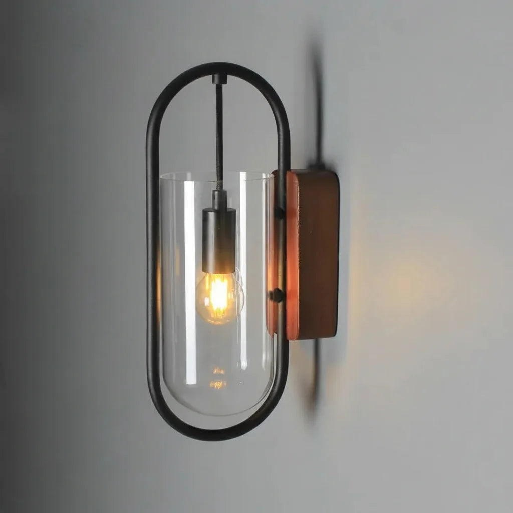 Vintage Ring Glass Wooden Chassis 1-Light Wall Sconce Lamp
