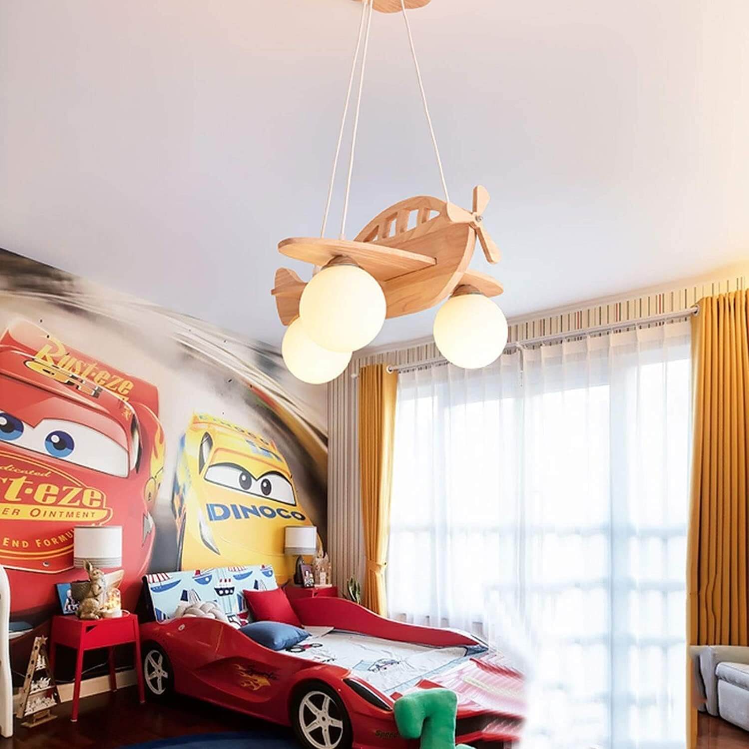 Wooden Airplane Ceiling Light with 3 Globe Shades – Children’s Lighting